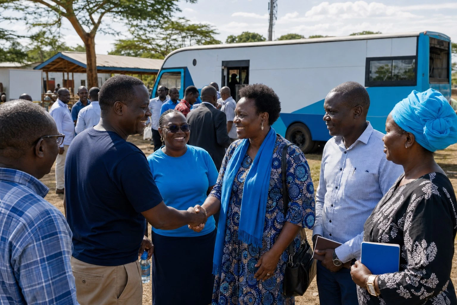 Community members greeting one another beside a civic caravan in Kisumu