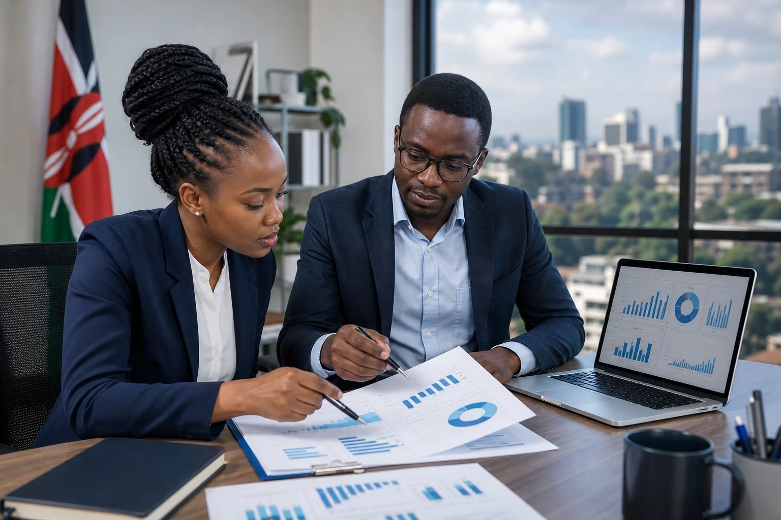 Policy analysts reviewing leadership performance charts together
