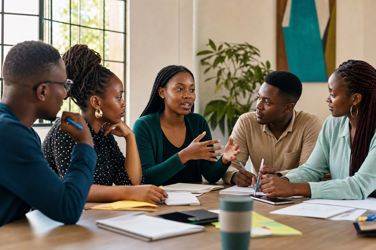 Young Kenyan leaders exchanging ideas around a workshop table